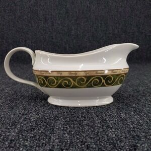 American Atelier Gravy Boat White Bouquet Garni 5011 Herb Scroll Stoneware